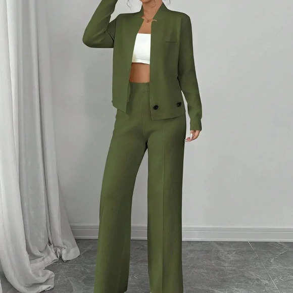 Green Elegant Women's Loose Long Sleeve Crew Neck  Knit Sweater & Suit Pants Set - Picture 7 of 8